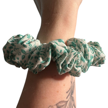 Load image into Gallery viewer, White and Teal Floral Scrunchie
