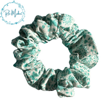 Load image into Gallery viewer, White and Teal Floral Scrunchie
